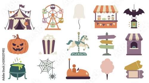 Flat Cartoon Icons Set: Amusement Park, Carnival  Halloween Entertainment Elements Collection