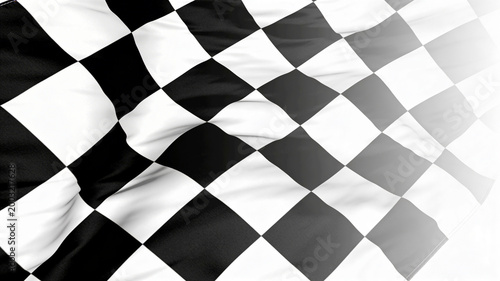 A dynamic black and white checkered flag, representing victory and finish lines, waves vigorously with a creative fade-out effect.
