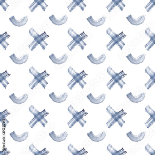 Minimalist hand-painted watercolor seamless pattern featuring abstract brush strokes in indigo blue on a isolated. Artistic geometric background with dry brush texture. Trendy scandinavian style 