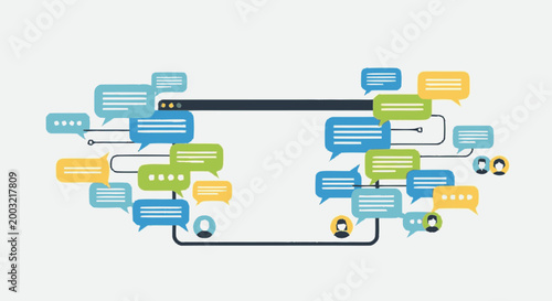 Digital communication illustration with colorful speech bubbles and user avatars
