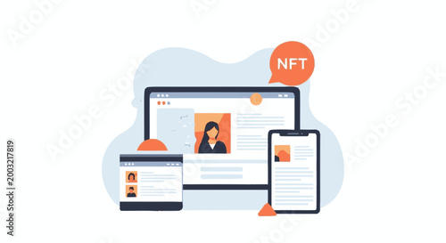 Digital devices displaying NFT marketplace and user profiles