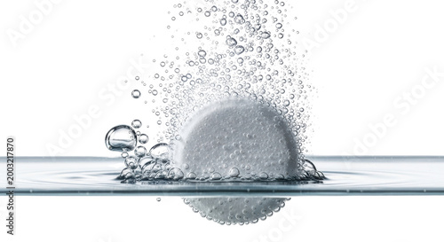 Effervescent tablet dissolving in water with bubbles, white round pill fizzing in liquid, medical aspirin or vitamin supplement release isolated PNG with Transparent Background