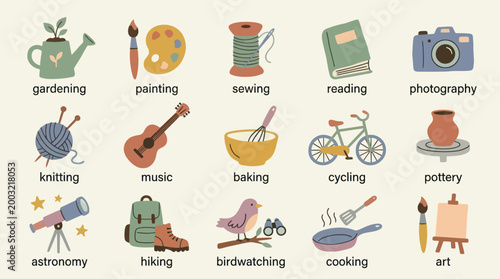Flat Vector Hobbies and Leisure Activity Icons Collection for Lifestyle and Pastimes