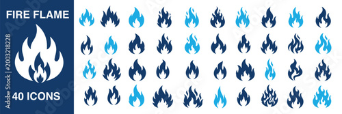 Large mega set of 40 fire flame icons featuring various heat shapes, hot energy symbols, bonfire silhouettes, cad drawing flat vector illustration, isolated.