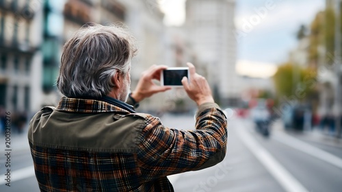 Älterer Mann fotografiert eine Stadt mit Smartphone auf einer Reise