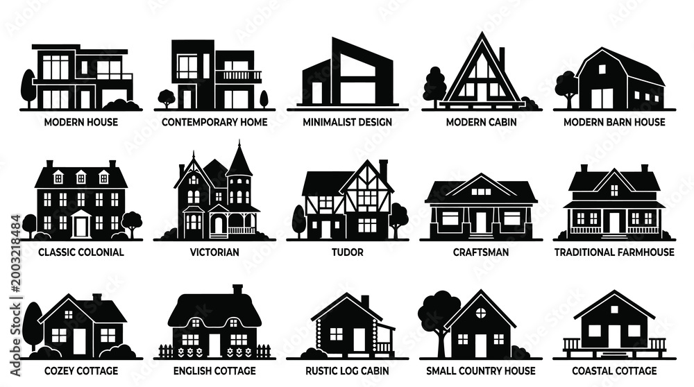 Fototapeta premium Black and White Icons of Various House Architectural Styles for Real Estate