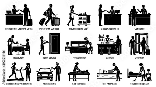 Hotel Services Icons: Black  White Glyphs for Hospitality Industry