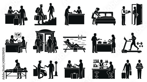Hotel Services Icons: Black  White Glyph Silhouettes of Hospitality Industry
