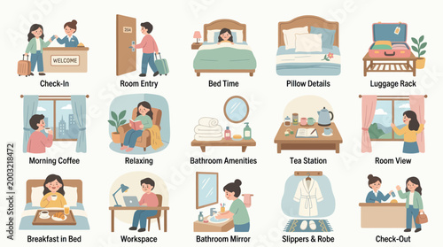 Hotel Services Icons: Check-in, Room Entry, Bed, Amenities, View, Checkout Flat Art