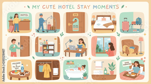 Cute Hotel Stay Moments Vector Illustration - Travel  Hospitality Theme