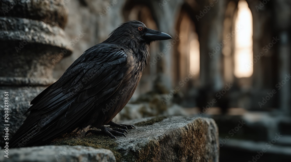 Fototapeta premium Black raven with glossy feathers and a glowing amber eye perched on a broken ancient stone column, dark atmospheric scene with mystical, gothic and cinematic mood