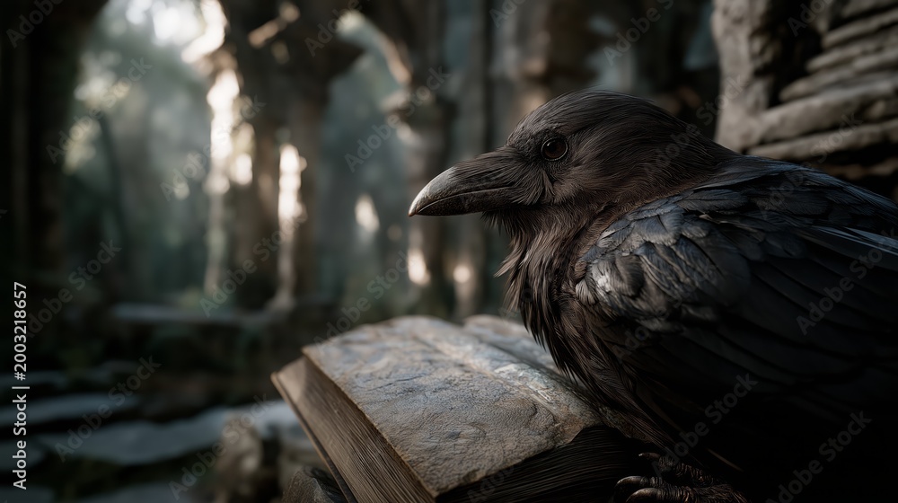 Fototapeta premium Black raven with glossy feathers and a glowing amber eye perched on a broken ancient stone column, dark atmospheric scene with mystical, gothic and cinematic mood