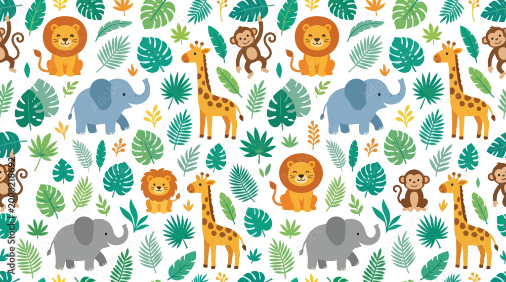 Fototapeta premium Nursery Flat Cartoon Seamless Pattern with Adorable Safari Animals and Jungle Leaves