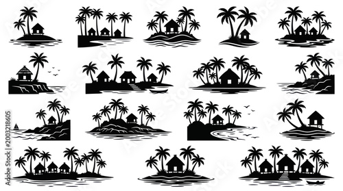 Tropical island beach hut palm tree vacation travel vector set