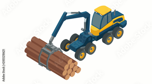 This image displays a log loader vehicle lifting timber supplies, representing the harvesting process and the importance of machinery in the forestry and construction industries.