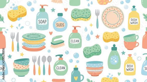 Cute Kitchen Cleaning Supplies Pattern Flat Style Vector