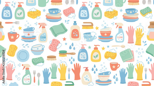Cleaning supplies seamless pattern, flat vector illustration