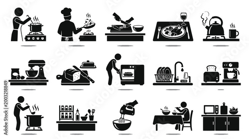 Black  White Icons of Cooking and Kitchen Appliances, Food Preparation
