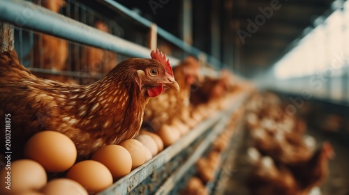 Hen among many eggs in an industrial poultry farm, rows of production systems and artificial lighting highlight large-scale egg production, modern agriculture and food supply concept