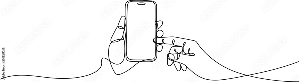 Obraz premium Continuous line drawing of person holding mobile phone and interacting with screen for digital usage.