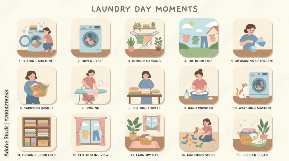 Fototapeta premium Laundry Day Moments Vector Illustration Flat Art Style
