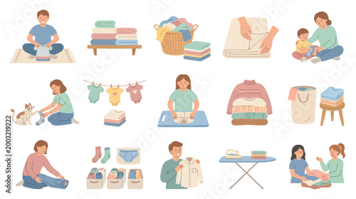Flat vector illustration of laundry and domestic chores, 15 icons