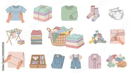 Domestic Laundry and Clothing Organization Flat Vector Illustration Set