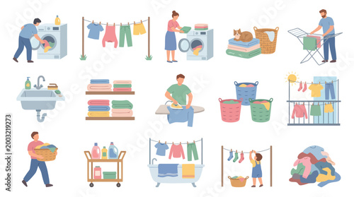 Laundry and Housework Flat Vector Icons Set, Cleaning Home