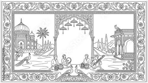 Indian palace scene with musicians peacocks and ornate floral border.