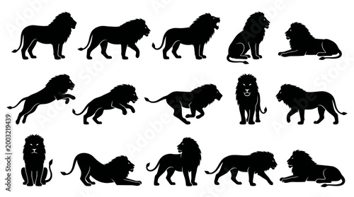Black  White Lion Silhouettes - Majestic Animal Icon Set
