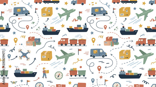 Flat Style Logistics and Shipping Seamless Pattern with Delivery Vehicles and Cargo