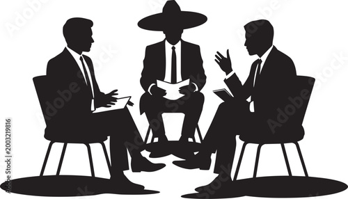 Businessmen in suits discussing ideas sitting on chairs with tablets and papers with business