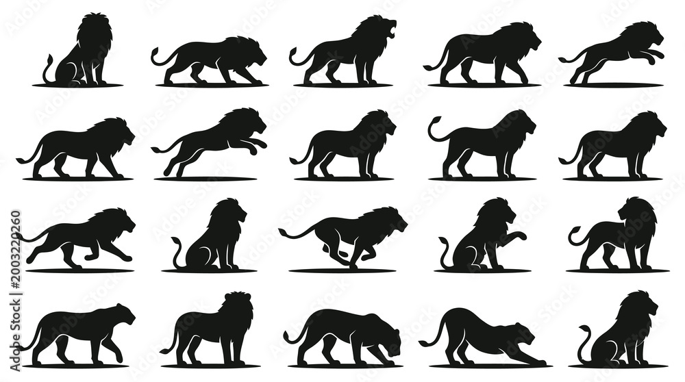 Fototapeta premium Black White Lion Silhouettes, Majestic Animal Vector Art