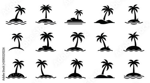 Black and white palm tree island icons, tropical vacation vector art