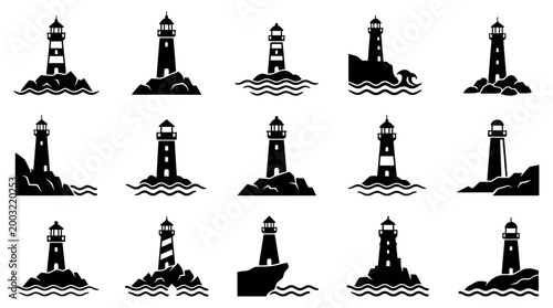 Set of black and white lighthouse icons on white background
