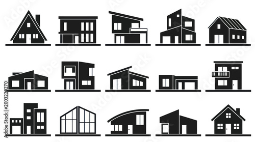 Real Estate and Housing Industry Glyph Icons Set: Modern  Traditional House Silhouettes