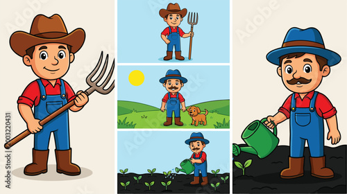 Cartoon farmers with pitchforks watering plants and caring for animals in colorful rural countryside agricultural scenes