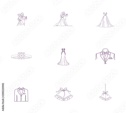 Wedding couple dancing wedding dress ring tuxedo bells on white background bride groom