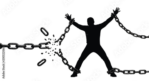 Silhouette of a man breaking heavy iron chains to symbolize personal freedom and success vector illustration