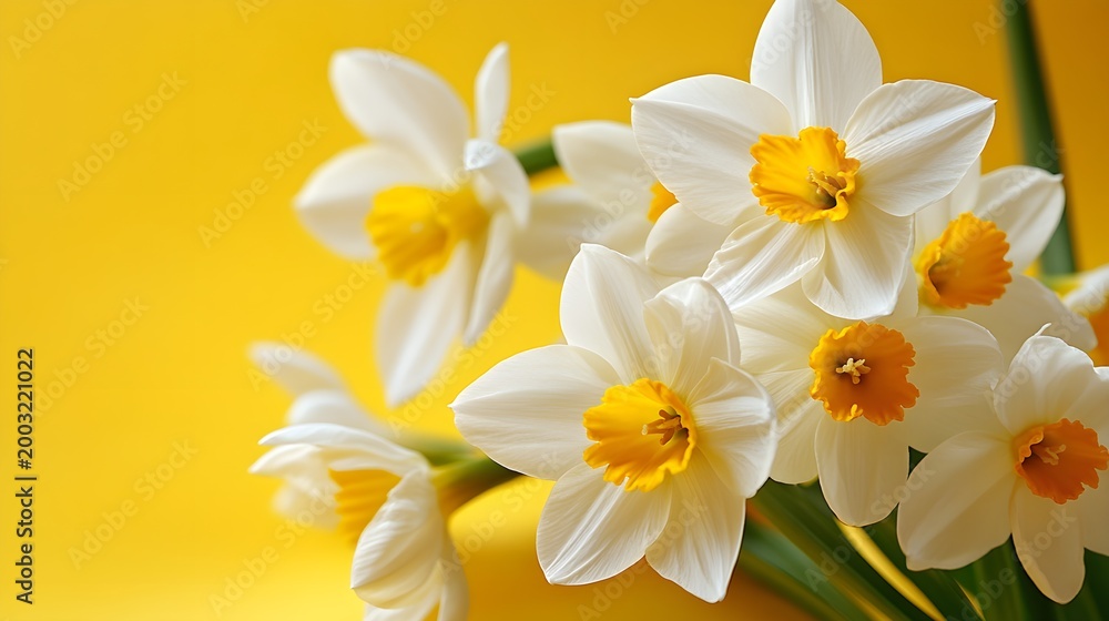 Fototapeta premium White and yellow daffodils against a vibrant yellow background