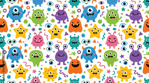 Cute Monsters Seamless Pattern, Fun Cartoon Characters, Vector Art