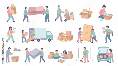 People Moving House Flat Illustration Set. Relocation, Packing, Unpacking, and New Home Activities.