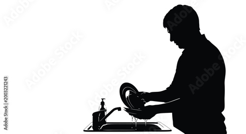 Silhouette vector illustration of a man carefully washing dishes inside a clean kitchen sink area