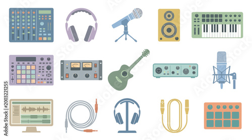 Flat Design Music Production Studio Equipment Vector Icons Collection for Audio Engineering