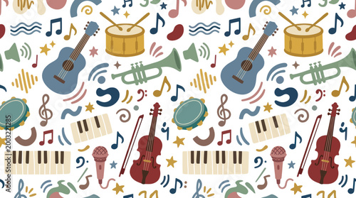 Seamless Music Pattern: Instruments, Notes,  Sound Icons