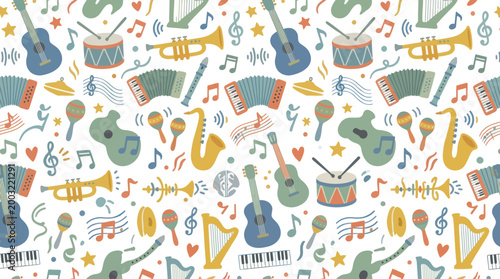 Colorful Music Seamless Pattern with Flat Cartoon Musical Instruments Background
