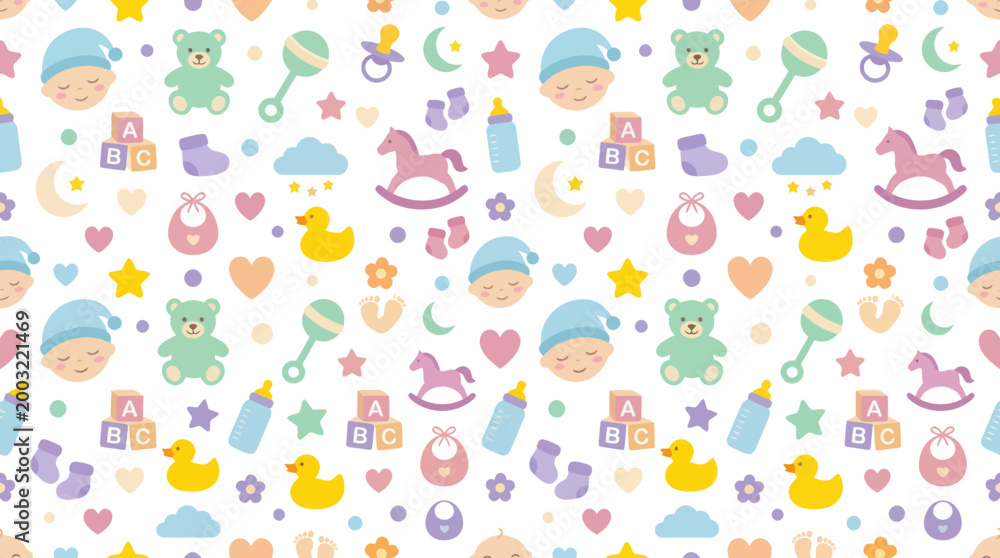 Obraz premium Cute Baby Shower Seamless Pattern with Toys, Bears, and Ducks - Vector Art
