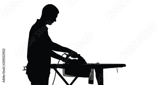 Silhouette illustration of a man ironing clothes on an ironing board in a clean graphic design