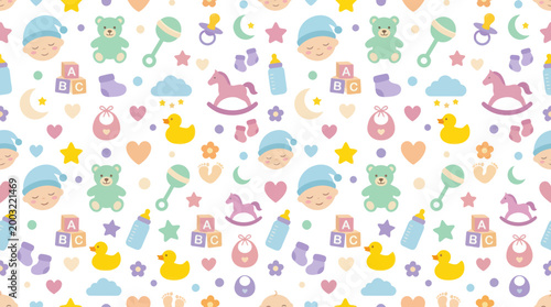 Cute Baby Shower Seamless Pattern with Toys, Bears, and Ducks - Vector Art