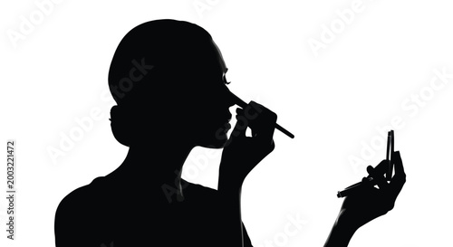 Silhouette illustration of a woman applying makeup with a brush and compact mirror